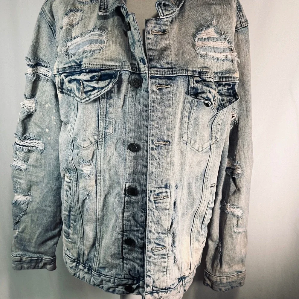 Grindhouse Denim Mens‎ Large Light Wash Distressed Ripped Jean Trucker Jacket